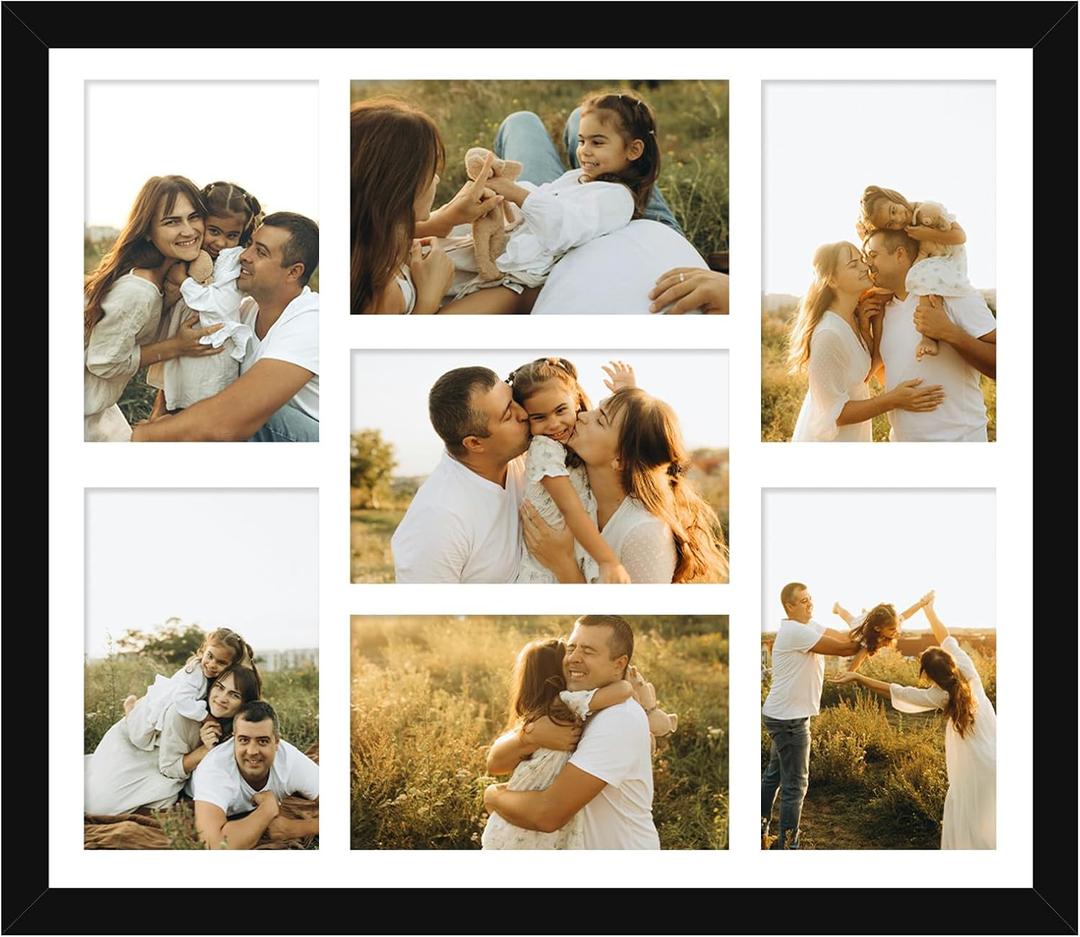 4x6 Picture Frame Collage for Wall, Display 7 Pcs 4x6 Photos with Mat or 12x14 Without Mat, 7 Opening Photo Frame for 4 x 6 Pictures with Shatter Resistant Plexiglass, White Mat, Black