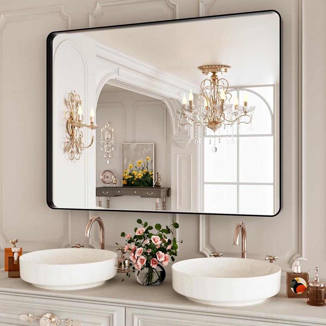 40x30 Inch Black Metal Framed Bathrrom Mirror for Wall,Matte Black Rectabgle Vanity Mirror,Tempered Glass,Anti-Rust,Rounded Corner,Horizontal or Vertical