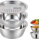 Mixing Bowls Set, 3 In 1 Multifunctional Stainless Steel Basin, Rice Washer Strainer Bowl, Kitchen Grater Set with Drain Basket for Vegetables Salad, 10.2 Inches