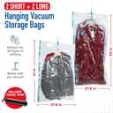 4 Pack Hanging Vacuum Storage Bags for Jackets, Clothes, Suits and Dresses  Vacuum Sealed Compression Bags with Hand Pump  Space Saver Storage Bags for Moving, Travel & Organization (2S & 2L)