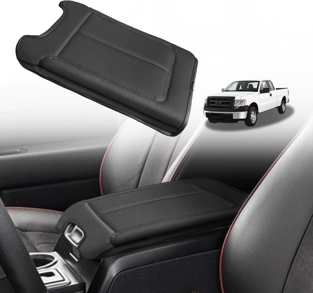 Muslogy Center Console Armrest Cover Fit for Ford F-150 F150 2009-2014 Accessories, Comfort Armrest Pad Console Lid Cushion Vegan Leather Regular Thick(Seat ONLY)