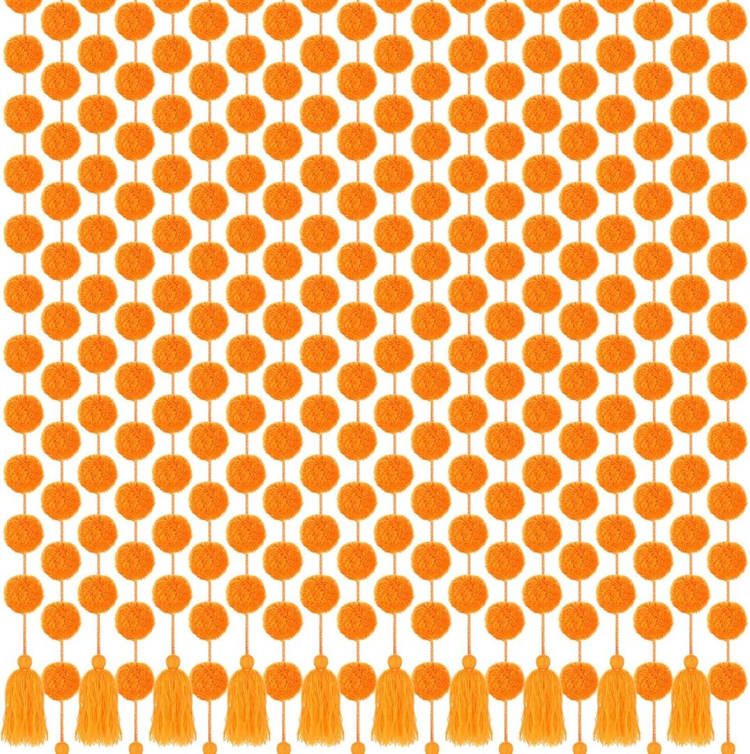 10 Pcs Orange Pom Pom Garland 5 Feet Marigold Garland for Decoration Ball Decor for Diwali Celebration Indian Weddings Birthday Day of The Dead Dia De Muertos Decor