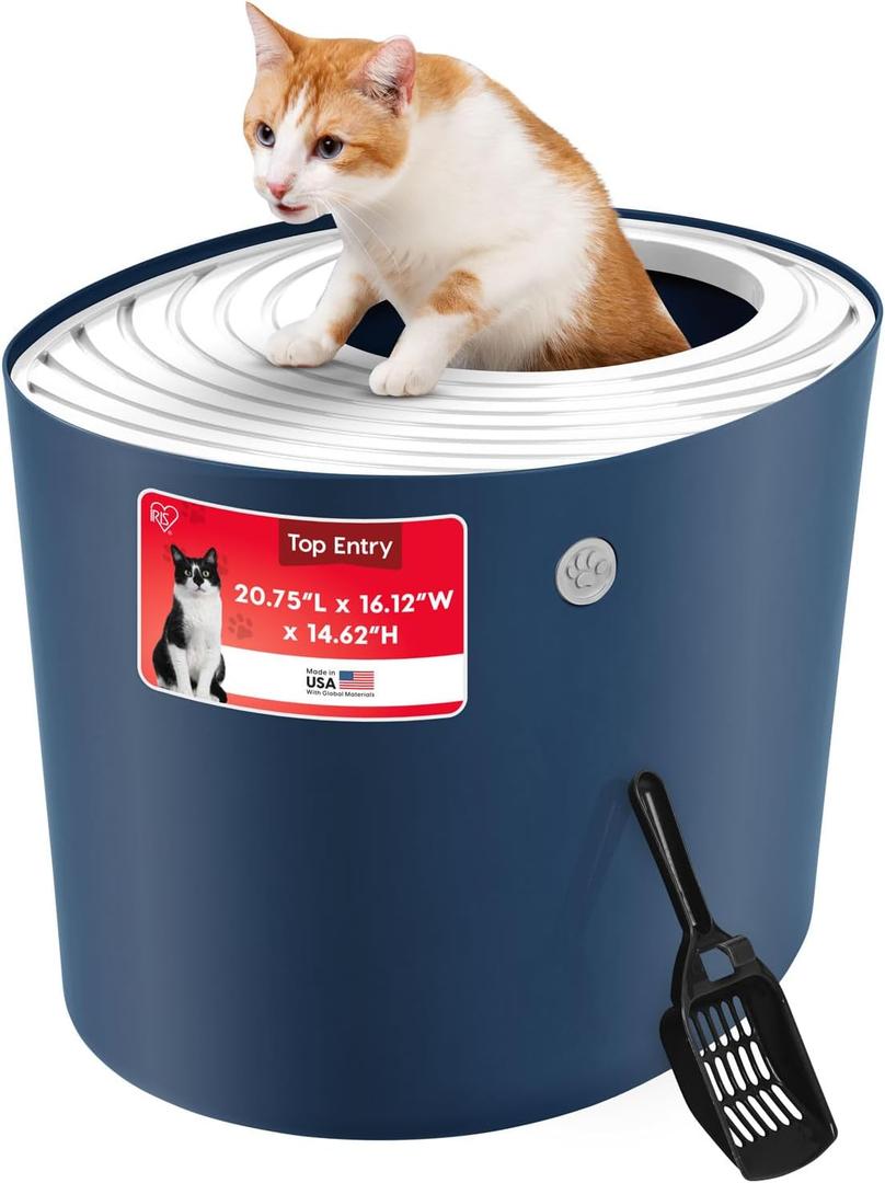IRIS USA Cat Litter Box Large Top Entry with Lid Enclosed Covered Hooded Design Litter Catching Scatter Shield Pan Dog Proof Pet Proof Scoop Included Odor Control for Indoor Cats Kittens, Navy/White