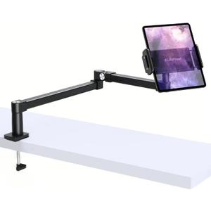 elitehood Long Arm iPad Desk Mount with Grommet Mounting Base, Heavy Duty Aluminum Tablet Holder for Desk, Swivel Arm Mount for iPad Pro 13/12.9 Air Mini, iPhone and 4.7-13in Tablets