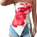 Women's Floral Strapless Tube Top Drawstring Ruched Asymmetrical Bandeau Tops Festival Rave Outfits (L)