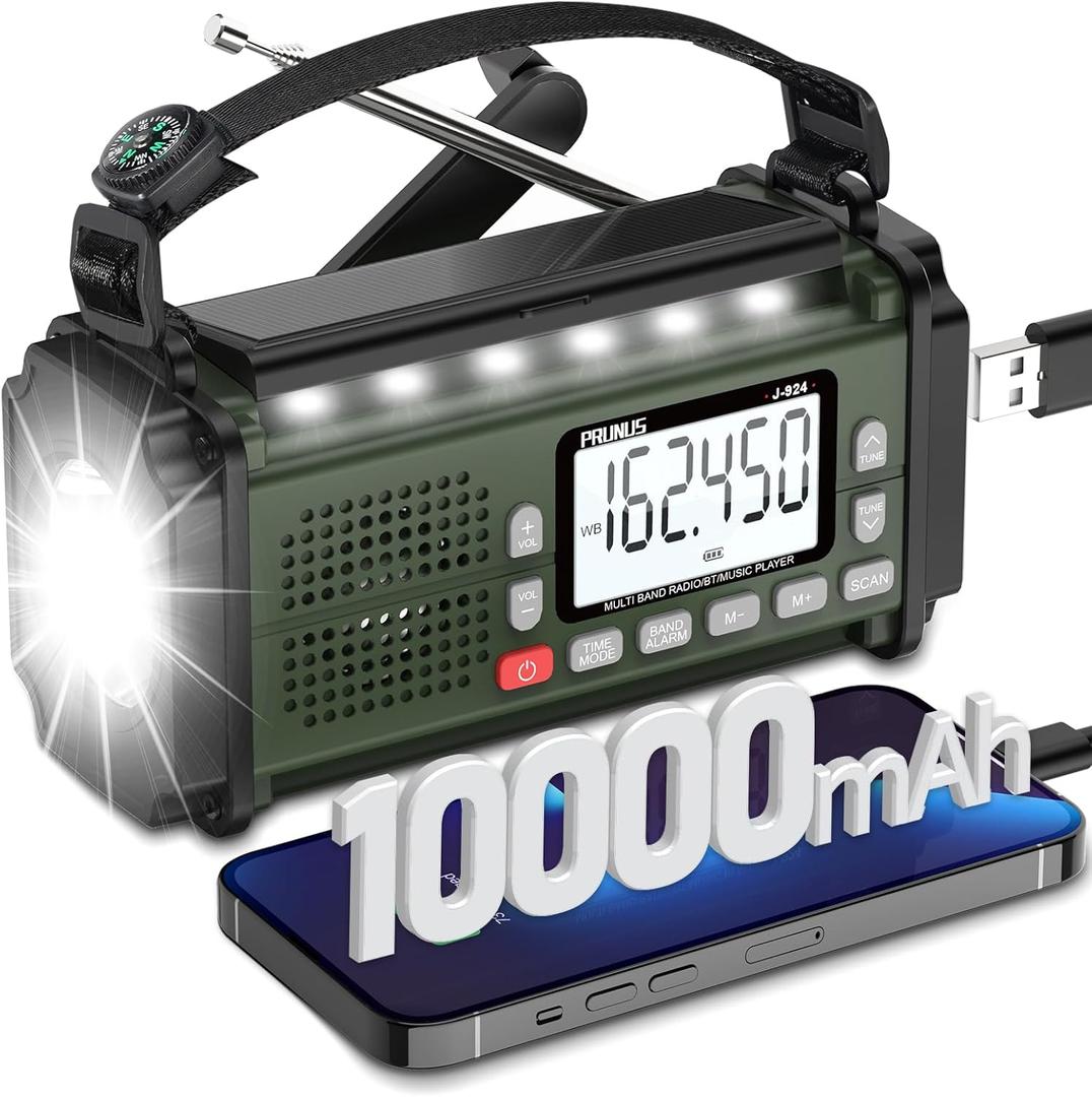 PRUNUS J-924 10000mAh/37000mWh Hand Crank Radio, AAA Batteries Powered Emergency Radio Solar, NOAA Weather Radio AM/FM/SW, USB Charging, Torch& Reading Light, SOS Alarm, Power Bank (Green)