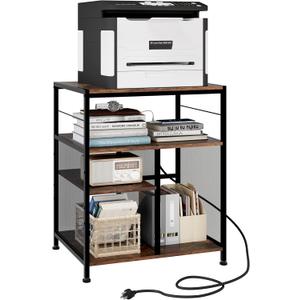 TQVAI Large Printer Stand, 4-Tier Adjustable Height Home Office Printer Table with Power Outlet Charging Station, Wood Stand Desk for Heat Press Scanner Fax, Black/Anqitue