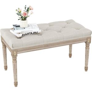 Yusong Upholstered Bench, Bedroom Bench for End of Bed, Piano Bench with Button Tufted Padded Seat for Living Room, Dining, Entryway, Shoe, Vanity Foot-Stool with Carved Wood Legs, Beige, 31.50''*15.75''*18.89''