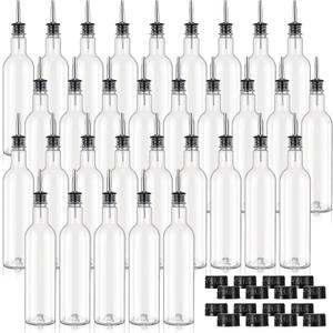 32 Pack 25 oz Syrup Bottle Plastic Long Neck Bottle with Stainless Steel Leakproof Tapered Spout Pourer and Cap Alcohol Juice Coffee Container for Home Bar Service Bartending Supplies