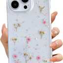LSEEKA for iPhone 14 Pro Max Clear Case with Pressed Real Flowers Design,Glitter Cute Pink Floral Pattern Slim Soft TPU Protective Women Girl's Phone Cover for iPhone 14 Pro Max