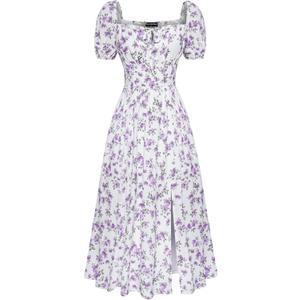 Scarlet Darkness Cottagecore Dress for Women Split Long Dress Milkmaid Corset Dresses (X-Large, White Purple Floral)