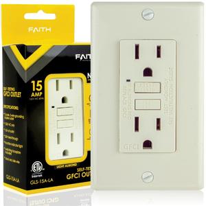 Faith 15A GFCI Outlet, ETL Listed, Non-Tamper-Resistant GFI Duplex Receptacles with LED Indicator, Self-Test Ground Fault Circuit Interrupter with Wall Plate, Light Almond