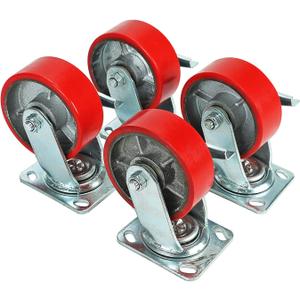 5" X 2" Swivel Polyurethane Wheels - Heavy Duty Casters Set of 4 with Top Lock Brake, 1100 lbs Load Capacity Each, 4400 lbs Per Set - Ideal for Toolbox, Workbench (Red)