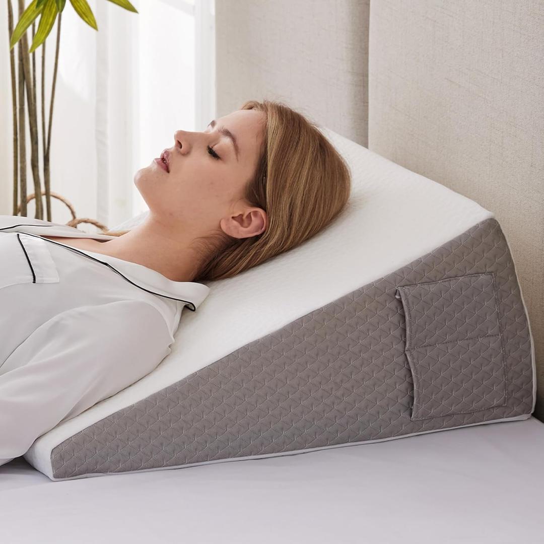 Wedge Pillow for Acid Reflux, Bed Wedge Pillow for Headboard 10", Pillow Wedge for Back Pain Relief, Post Surgery, Elevated Pillows for Sleeping, Snoring, Triangle Pillow with Cover, White (24x24x10 Inch, White/Grey)
