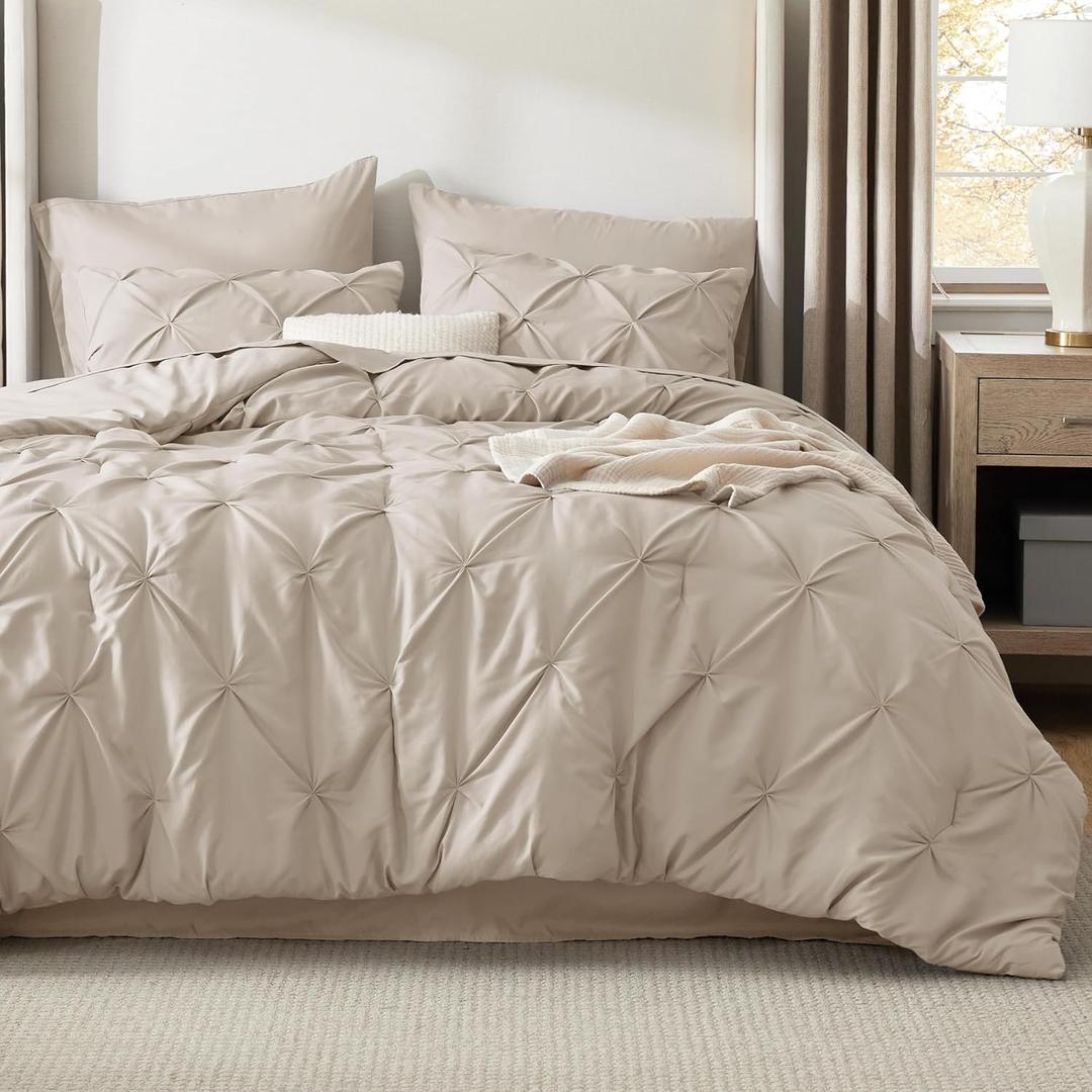 Bedsure King Size Comforter Set Beige - Bed in a Bag King Size 7 Pieces, GentleSoft Pintuck Bed Set Gift for Family, Pinch Pleat Beige Comforter with Sheets, Pillowcases & Shams