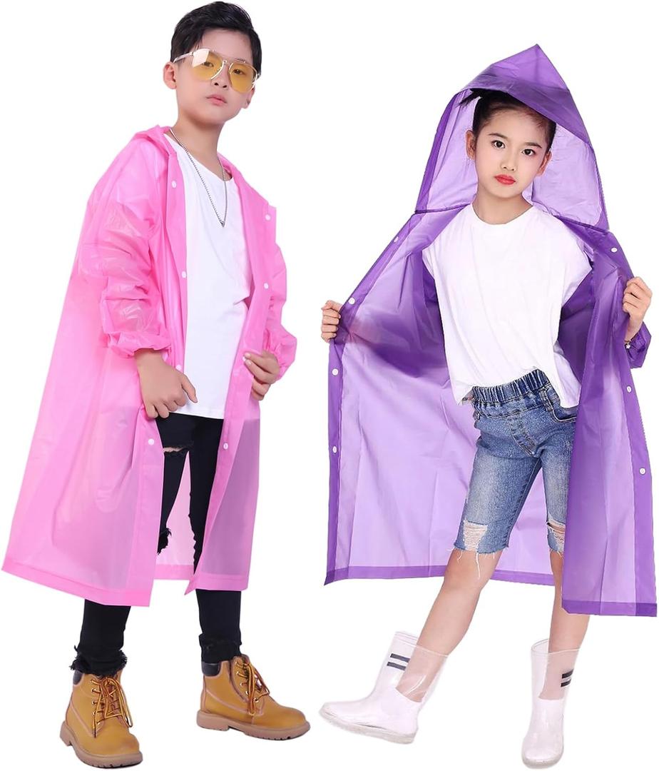Kids Rain Jacket, 2 Pack Rain Ponchos for Kids - Reusable Raincoats for Boys and Girls Waterproof Outdoor Rain Gear (6-11 Years, L: Pink + Purple)