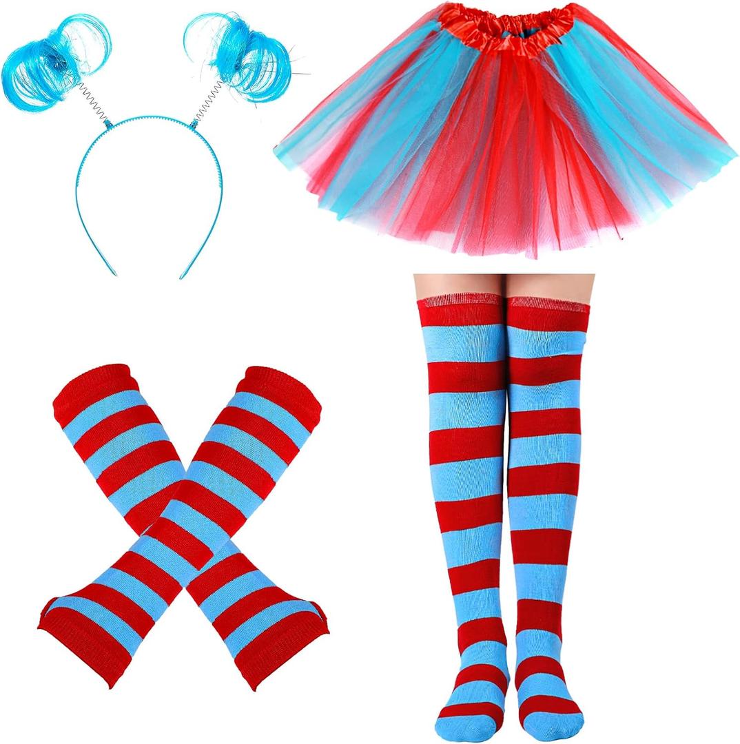 Hicarer 4 Costume Set for Women Include Red Blue Tulle Tutu Skirt Striped Socks Stretchy Gloves Ponytails Headband (Kids)