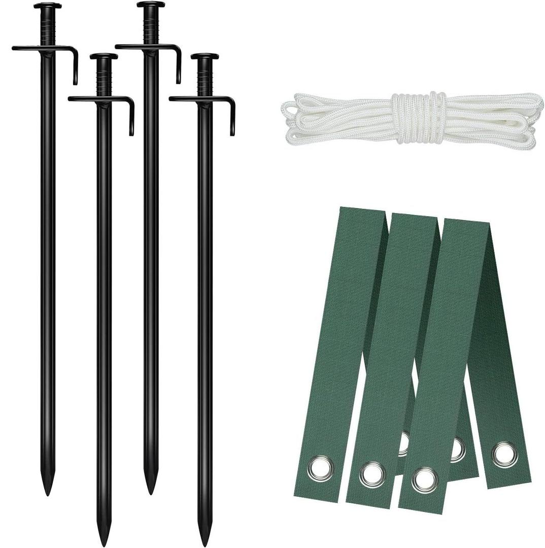 Heavy Duty Steel Tree Stake Kits, Tree Staking and Supports Kits for Young Trees Against Bad Weather, Include 3 PCS Tree Straps for Staking, 4 PCS 11.8 Inch Tree Stakes and 31.2 Feet Rope for Anchoring
