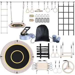 Hapfan 60 FT Ninja Warrior Obstacle Course Swing Set for Kids with Weather-Proof Accessories, Outdoor Playset with Monkey Bars for Backyard (Beige)