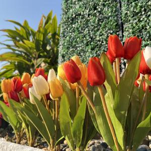 Artificial Fake Flowers for Spring Summer Outdoor Decoration,6 Bundles Shyshining Realistic UV Resistant Silk Fabric Colorful Tulip Faux Plants for outside Planter Home Porch Patio Decor(White Orange)