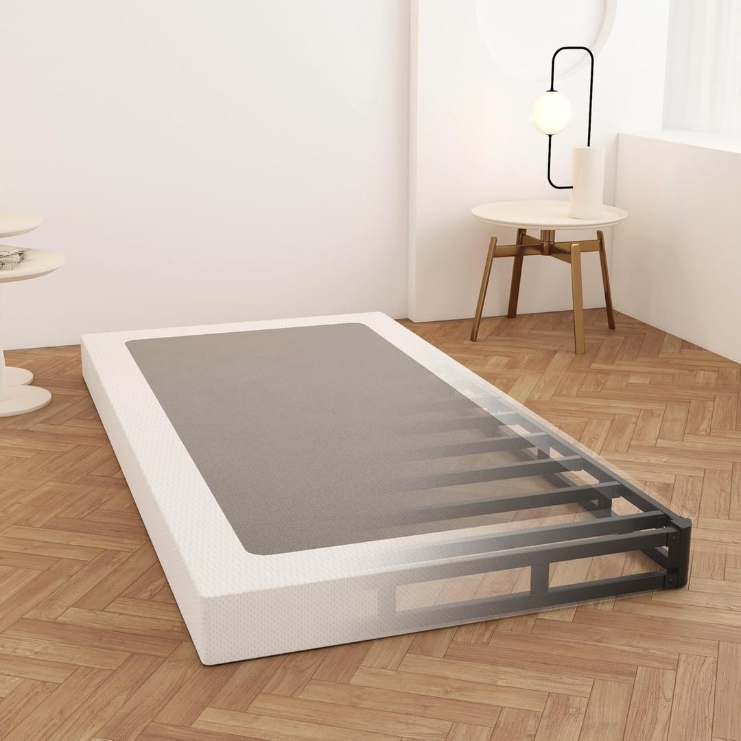 Box Spring Twin 4 Inch Low Profile, Heavy Duty Metal Box Spring Bed Base with Fabric Cover, Mattress Foundation, Easy Assembly, Noise Free, Black