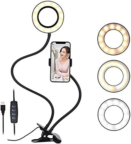 Clip on Light Reading Lights with Cell Phone Holder,Eye Protection Kids Desk Lamp, 360  Flexible Gooseneck Selfie Ring Light LED Makeup Mirror Lights (Selfie Ring Light with Cell Phone Holder)
