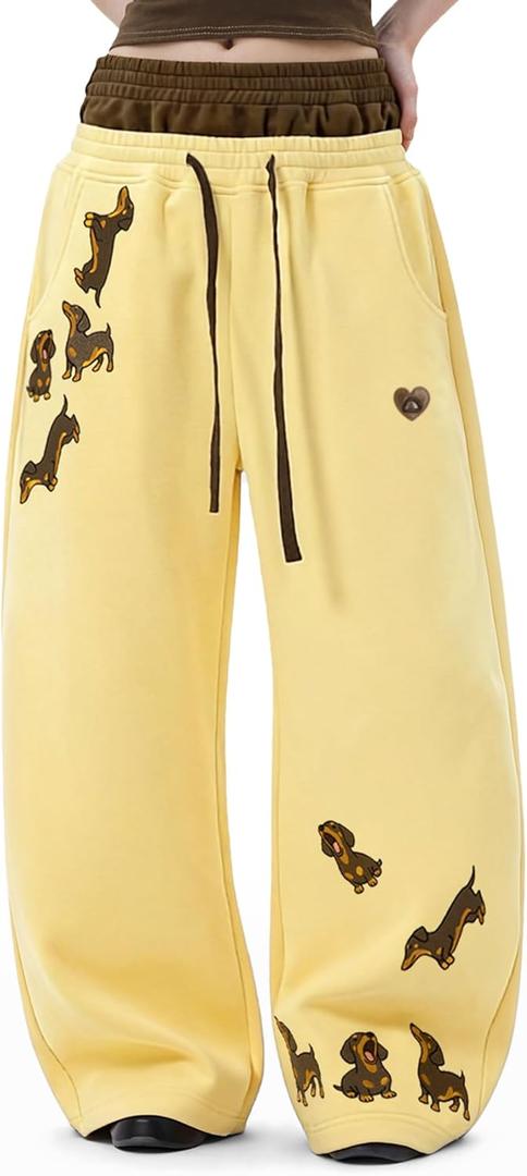 Aelfric Eden Dachshund Baggy Sweatpants Double Waist Wide Leg Sweatpants Unisex Y2k Casual Pants Trousers (Medium, Yellow)