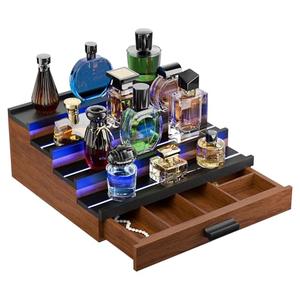TIRYIUOU Perfume Cologne Organizer for Men: with LED Light 4 Tier Wooden Perfumes Stand, Desktop Parfum Holder Wood Display Shelf with Cabinet, Bedroom Makeup Lotion Jewelry Storage Rack with Drawer