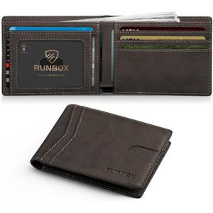 RUNBOX Wallet for Men Slim Leather Bifold RFID Blocking Minimalist Front Pocket Design with Gift Box (Bicolor Dark Brown(one-pocket))