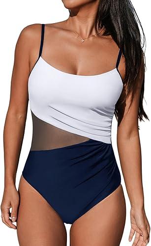 CUPSHE Women's One Piece Swimsuit Bathing Suit Scoop Neck Cutout Back Hook Color Block Mesh Swimwear M