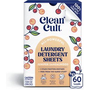 Cleancult Laundry Detergent Sheets - Resealable Box - 3 Stain Fighting Enzymes - Juniper Sandalwood - 60 Loads - Free of Harsh Chemicals - No Mess - No Plastic Waste (60 Count (Pack of 1))