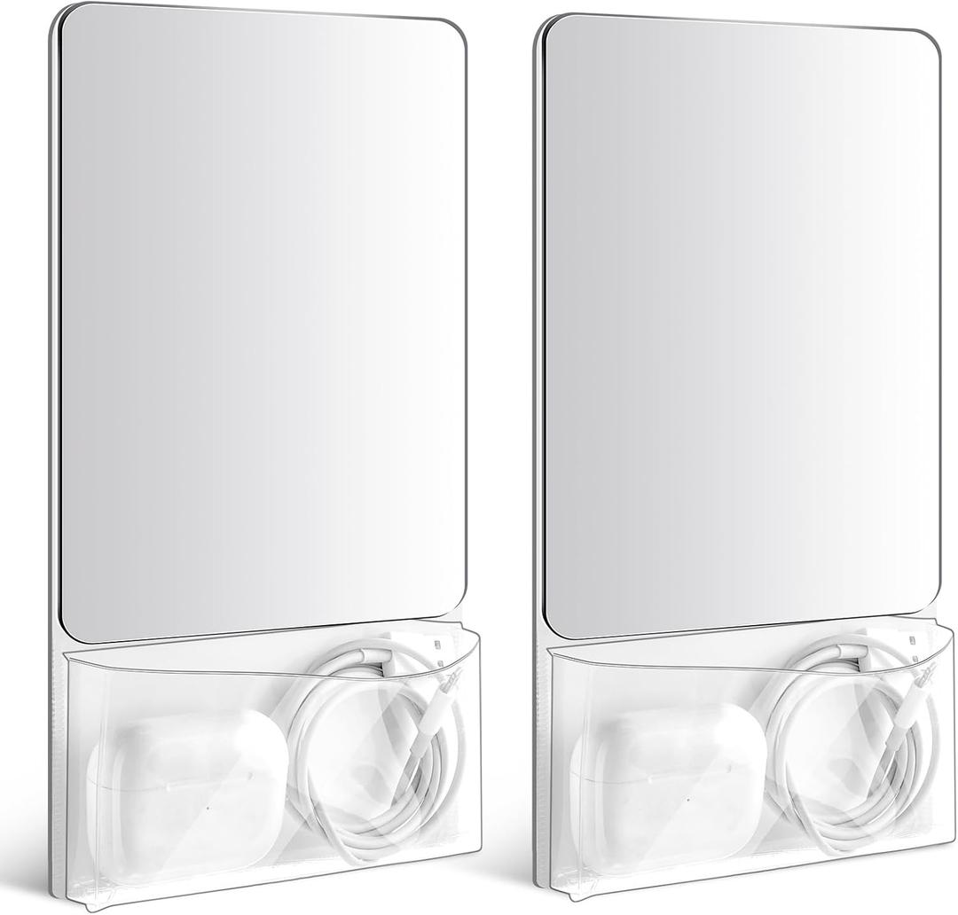 Wenqik 2 Pieces School Magnetic Locker Mirror with Holder Small Real Glass Mirror 6.69 x 5.51 Inch Magnetic Mirror with Organizer Bag for Locker Cabinet Refrigerator Bathroom Office Fridge(White)