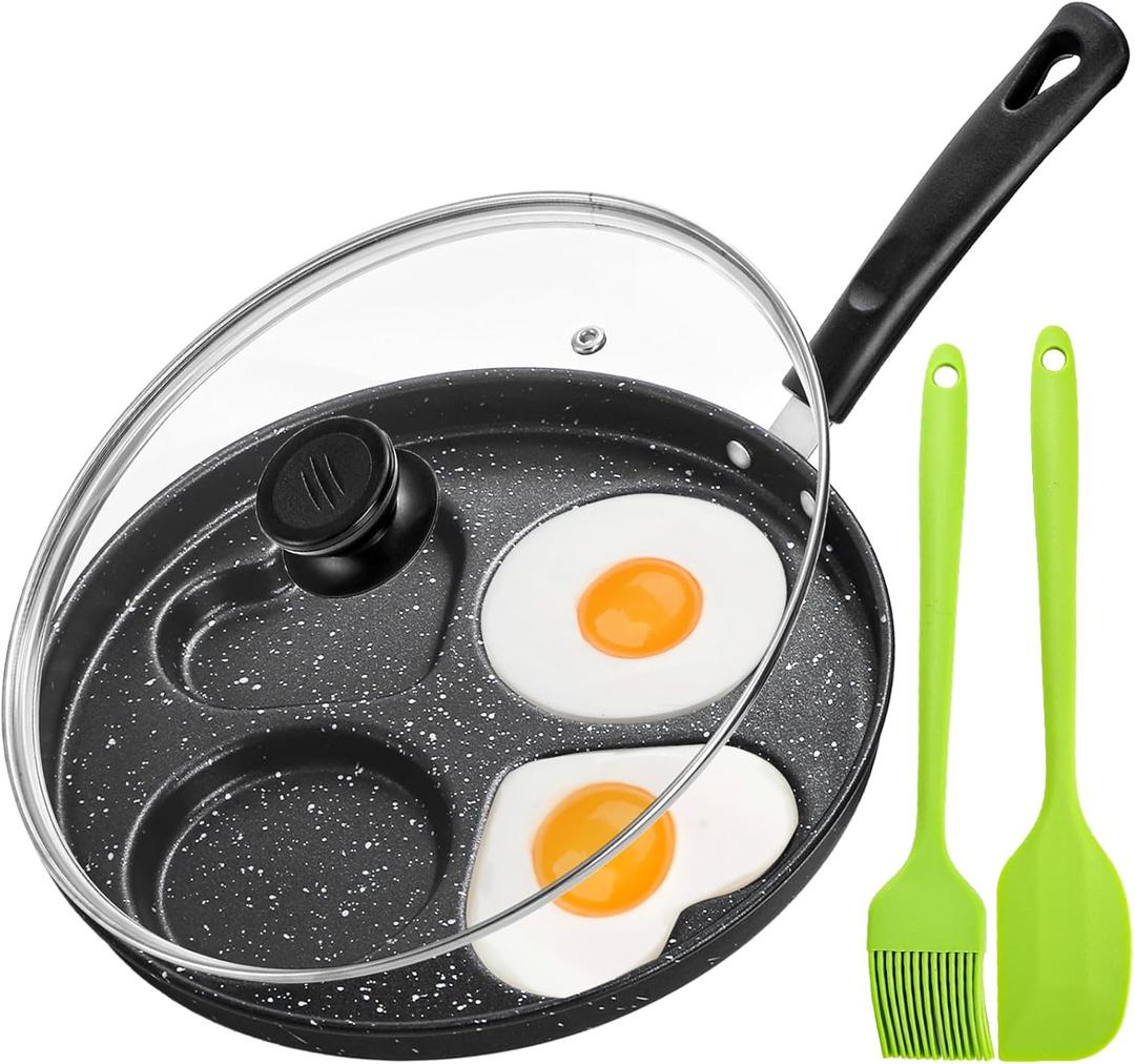 Hiceeden Nonstick Egg Frying Pan with Lid, 4-Cup Egg Pan Fried Egg Cooker, Round Pancake Pan with Brush and Spatula for Breakfast, Induction & Gas Stove Compatible