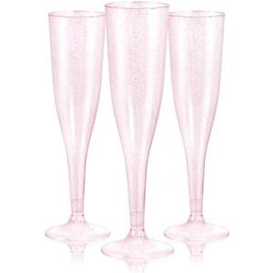 WDF 36 Pack Pink Glitter Plastic Champagne Flutes - 7OZ Disposable Pink Glasses Glitter Champagne Flutes Plastic for Party & Wedding