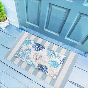 Fourluoo 2 Piece Beach Door Mat Combo Set 100% Coco Coir Welcome Mat and 28 x 40 Inch Blue White Striped Rug Layering Front Door Rug for Outdoor Entrance Front Porch
