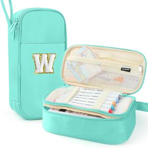 Large Pencil Case,Big Capacity Pencil Pouch,Personalized Initial Pencil Bag with smooth zipper,Multiple Pockets,Cute Aesthetic Stationery Pen Case Bag for Teen Girls College (Mint Green, W)