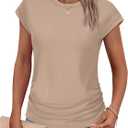 SAMPEEL Womens Summer Tops Trendy 2025 Ruched Cap Short Sleeve Tshirts Shirts Crew Neck T Shirts Fashion (X-Large, Khaki)