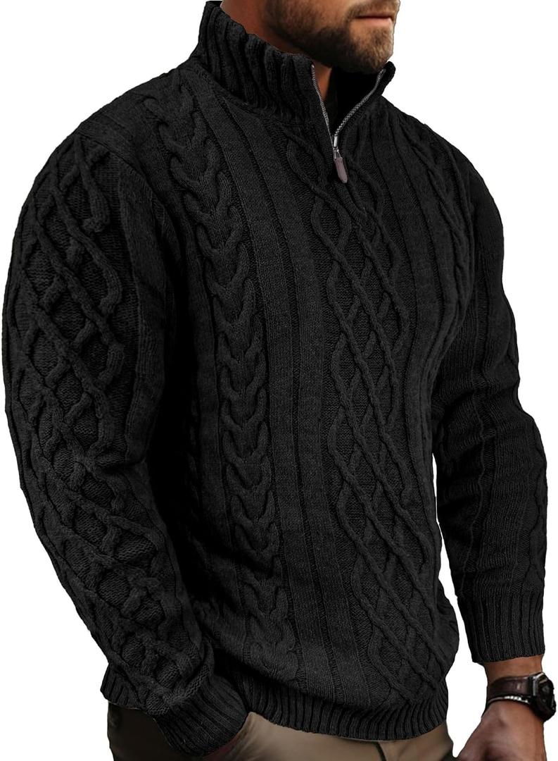 Comdecevis Mens Quarter Zip Sweater Long Sleeve Cable Knit Mock Neck Polo Soft Casual Pullover Sweaters S