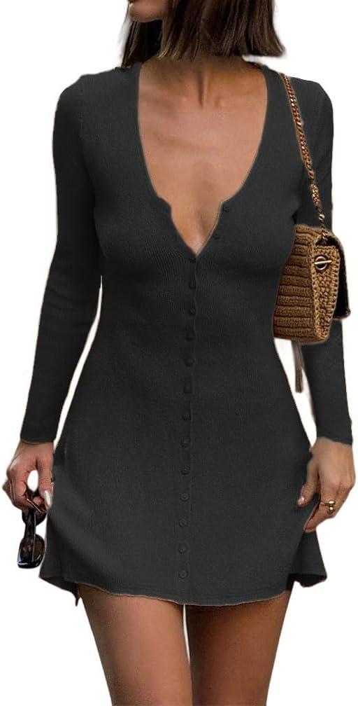 Women Sexy Deep V Neck Button Front Knit Mini Dress Elegant Long Sleeve Ribbed Flowy Hem A-Line Short Dresses