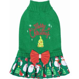 CuteBone Christmas Green Dog Sweater Dress Turtleneck Puppy Sweater with Bowtie Harness Hole Pullover Winter Dress for Medium Dogs (Large, Merry Christmas 2)