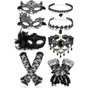 Halloween Masquerade Costume Set for Women Black Lace Masks Gloves Gothic Choker Necklace Cosplay Party Accessories