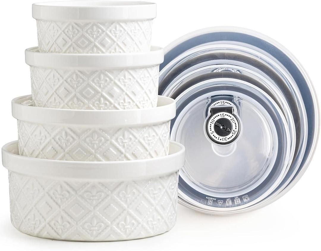 Large Mixing Bowls with Airtight Lids, Classic White Porcelain Embossed Nesting Salad Bowls for Baking and Cooking, 12/16/28/40oz Serving Bowls Set of 4, Oven and Dishwasher Safe, Thanksgiving Gift