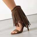 Women's Fringed High Heels Side Zipper Ankle Sandal Boots Studded Heeled Sandals, Size 12