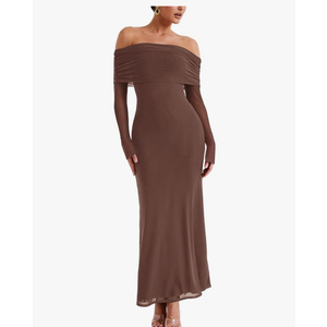 REORIA Women Off Shoulder Long Sleeve Dress Elegant Sexy Stretch Mesh Double Lined Slim Trendy Long Dresses XL