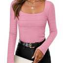 ZESICA Women's Long Sleeve Shirts 2026 Spring Fashion Square Neck Slim Fit Basic Going Out Tops Trendy Outfits L