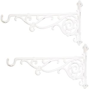 Sungmor Cast Iron Hanging Plant Bracket, 16.5" Large Outdoor Wall Plant Hangers, 2pcs White Heavy Duty Hanging Basket Hooks, Decorative Hooks for Flower Pot, Lantern, Wind Chime, Hummingbird Feeder