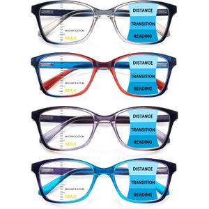 4 Pack Progressive Multifocus Reading Glasses for Women Men Spring Hinge Blue Light Blocking Readers (Mix)