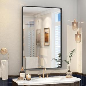 24x36 Inch Black Metal Framed Mirror for Bathroom, Matte Black Vanity Mirror, Rounded Rectangle Bathroom Mirror, Anti-Rust, Shatterproof (Horizontal/Vertical)