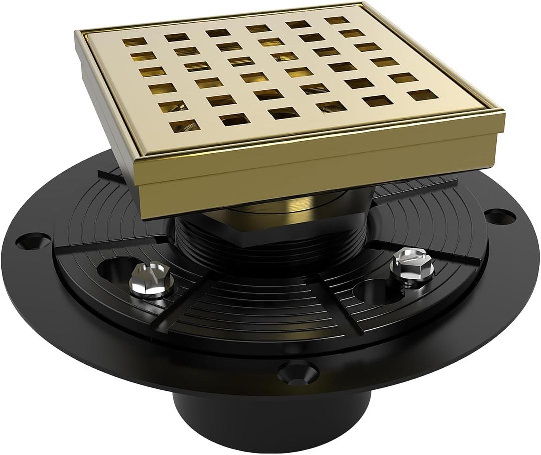 WEBANG 4 Inch Square Shower Drain Gold Floor Drain with Flange Square Holes Pattern Cover Grate Removable SUS304 Stainless Steel Watermark&CUPC Certified Brushed Gold