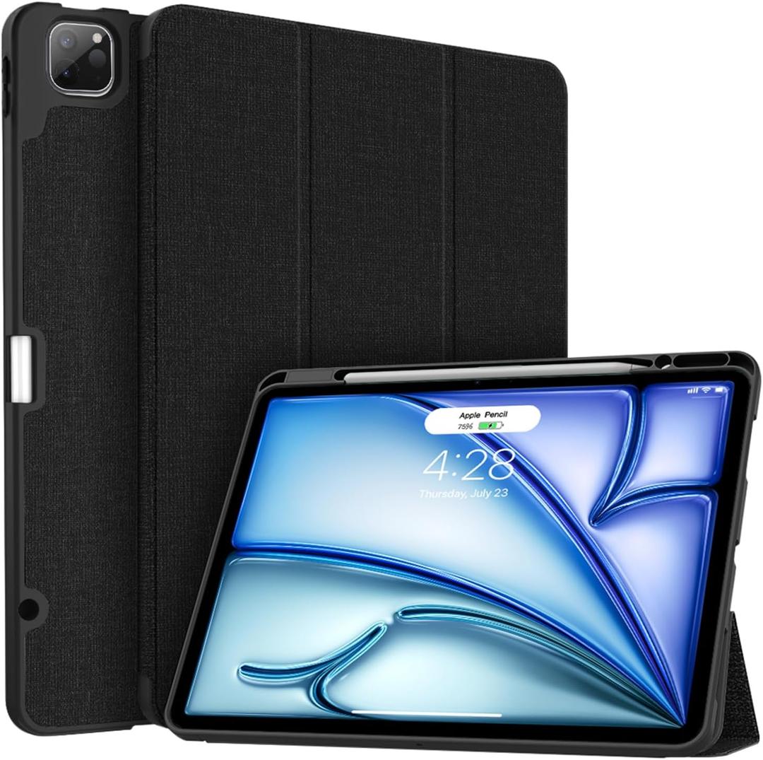Soke Case for iPad Air 13 Inch M3/M2(2025/2024) & iPad Pro 12.9 Inch 6th/5th (2022/2021) with Pencil Holder - [Full Body Protection + Auto Wake/Sleep],Soft TPU Back Cover, Black